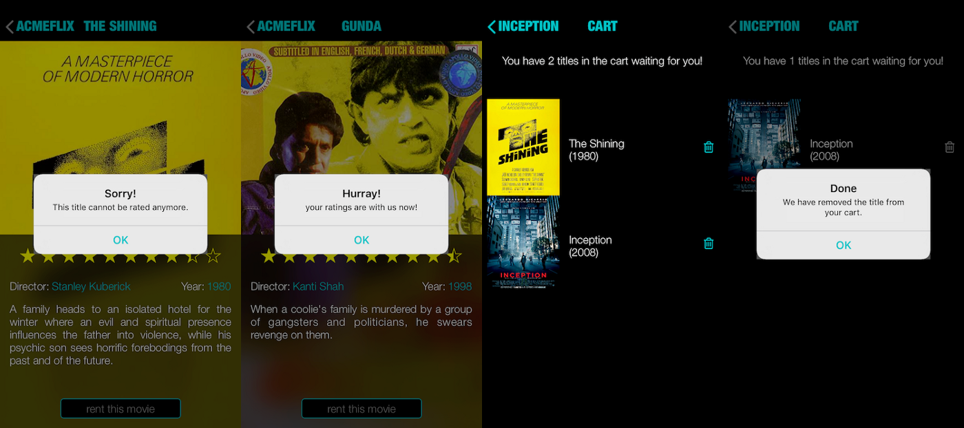 Left to Right: un-rateable movie, rating registered for a movie, the cart, delete movie from cart.